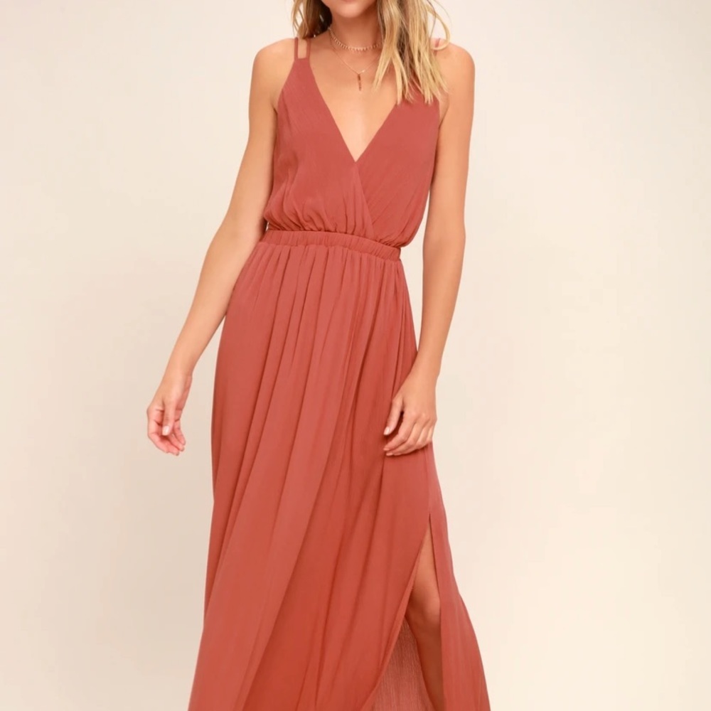 Lulu’s “Lost in Paradise” Maxi Dress in dusty rose